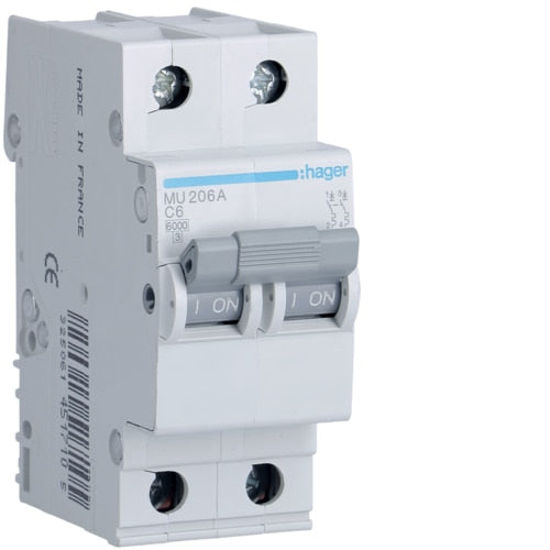 HAGER MU206 6A 2P T/C 6KA MCB