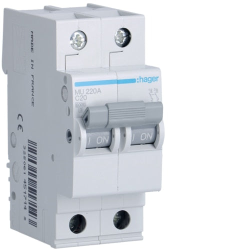 HAGER MU220 20A 2P T/C 6KA MCB