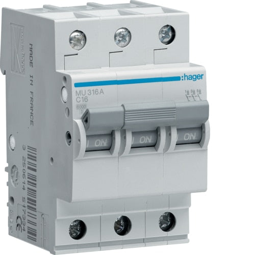 HAGER MU316 16A 3P T/C 6KA MCB
