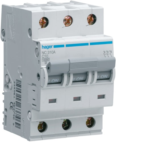HAGER NC310 10A 3P T/C 10KA MCB