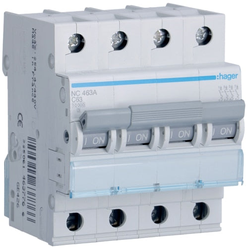 HAGER NC463 63A 4P T/C 10KA MCB