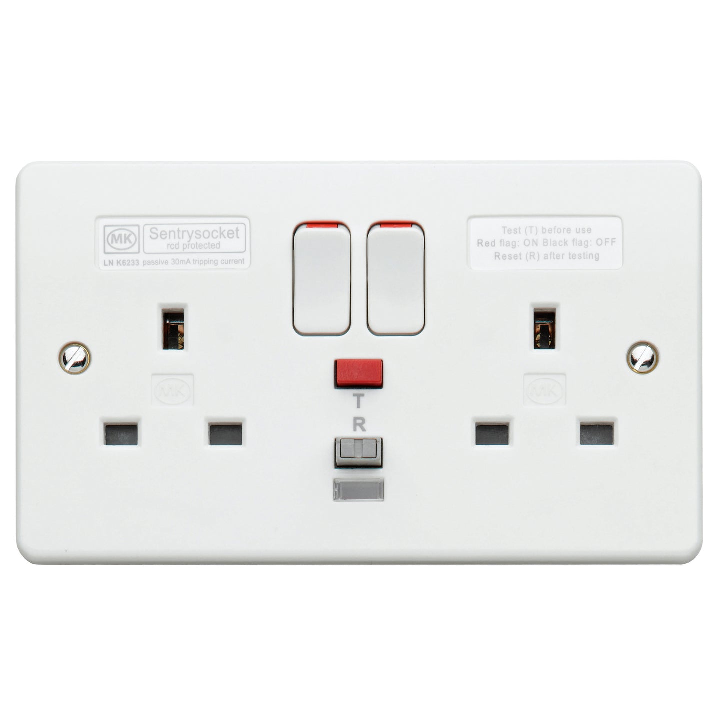 MK K6233WHI 2X13A RCD SOCKET 30MA PASSIVE